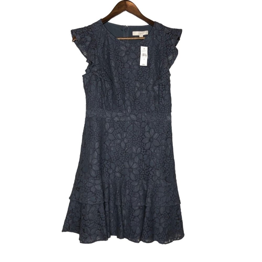 Loft NWT Grey Floral Lace Ruffle Mini Dress Size 6 Flutter Sleeve